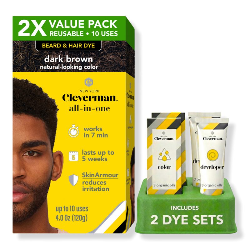 2X Pack Coarse & Coily Hair Reusable Beard & Hair Dye Kit - Dark Brown