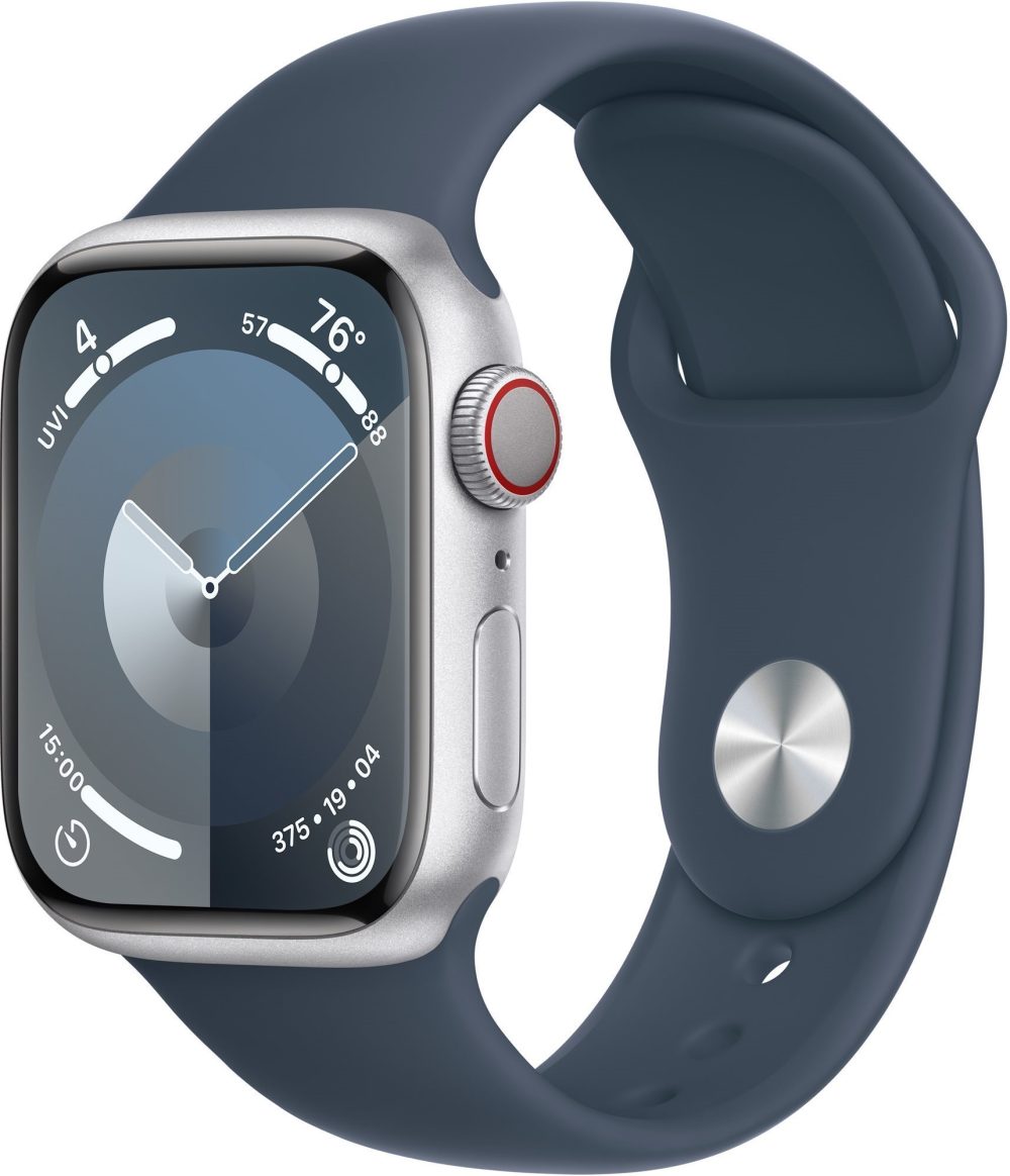 Apple Watch Series 9 41mm Cellular Silver Aluminum Case with Storm Blue Sport Band - S/M