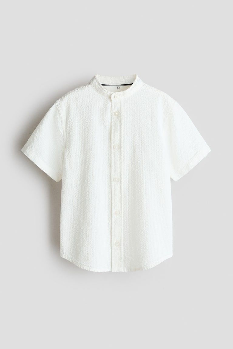 Cotton Seersucker Band-Collar Shirt