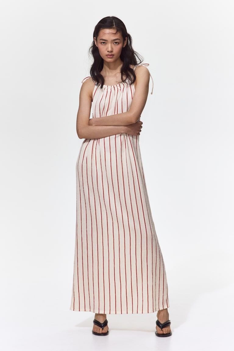 Crinkled Dress with Tie Shoulder Straps