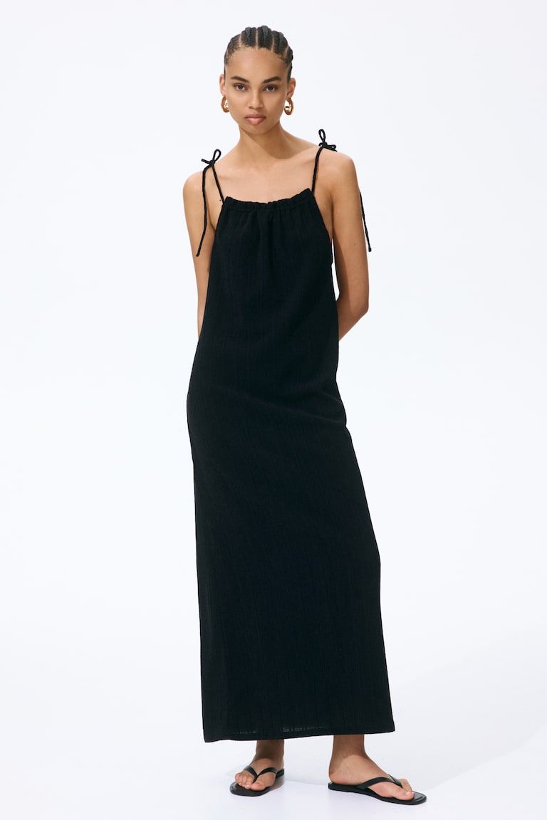Crinkled Dress with Tie Shoulder Straps