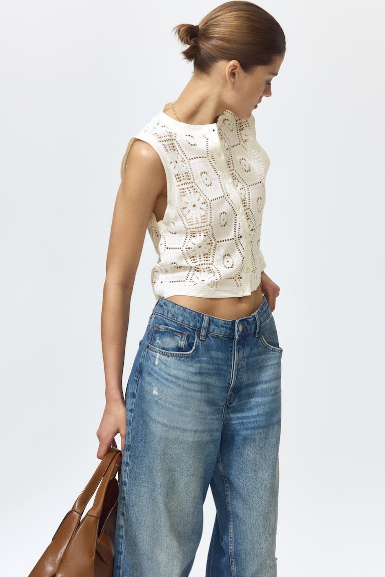 Crochet-Look Button-Front Top