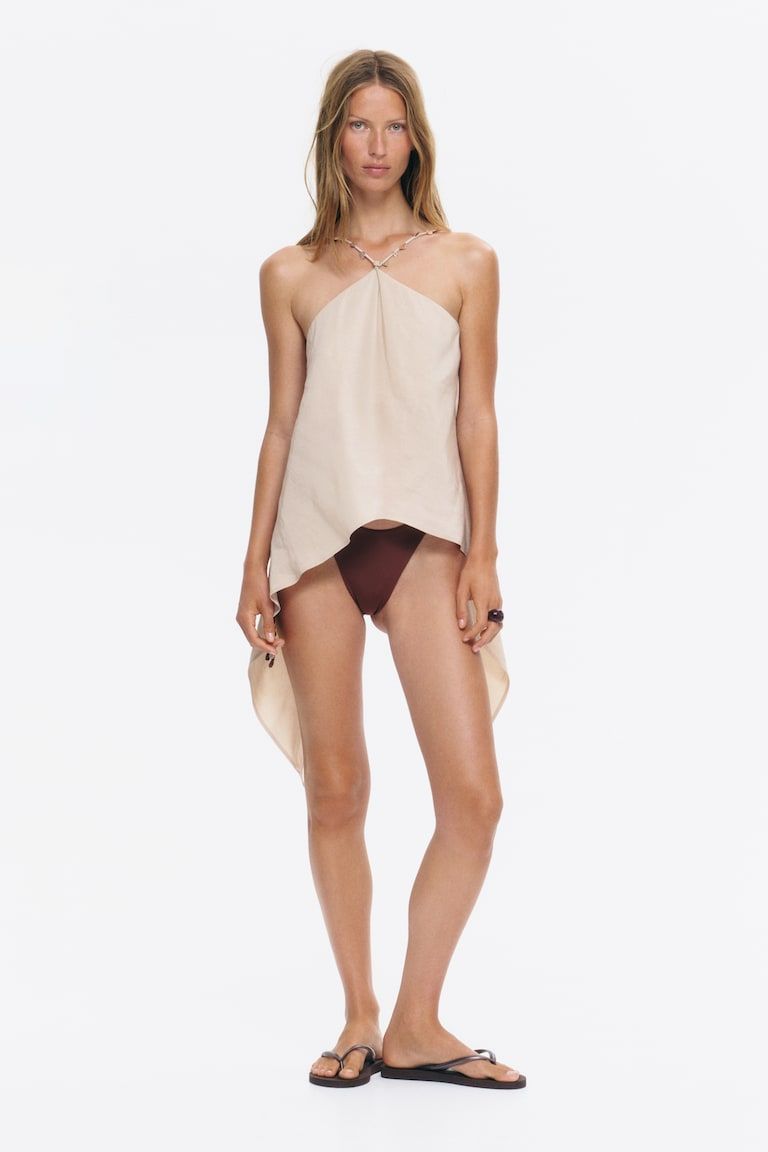 Draped-Panel Linen-Blend Top