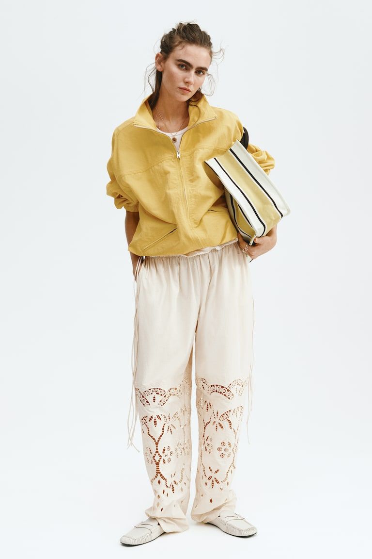 Drawstring Pants with Eyelet Embroidery