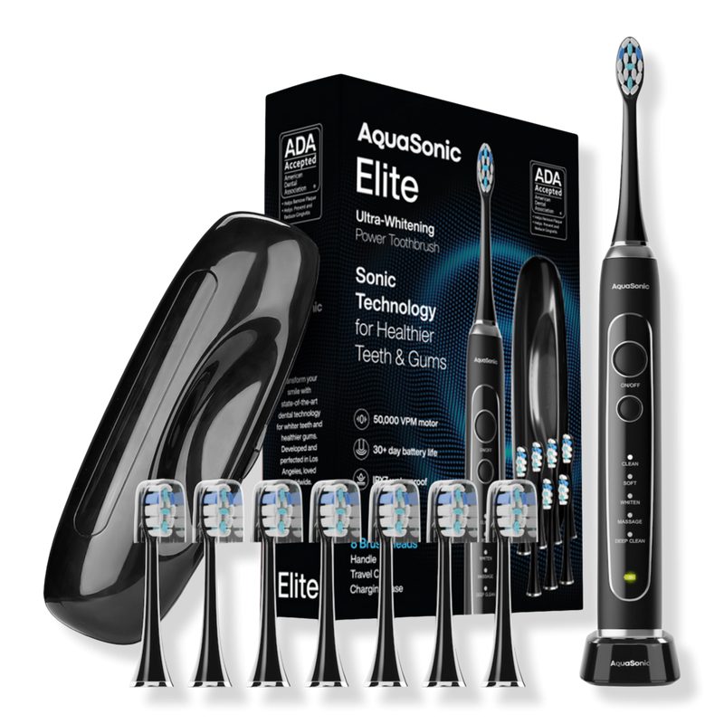 Elite Rechargeable Electric Toothbrush with 8 Brush Heads & Travel Case - Black