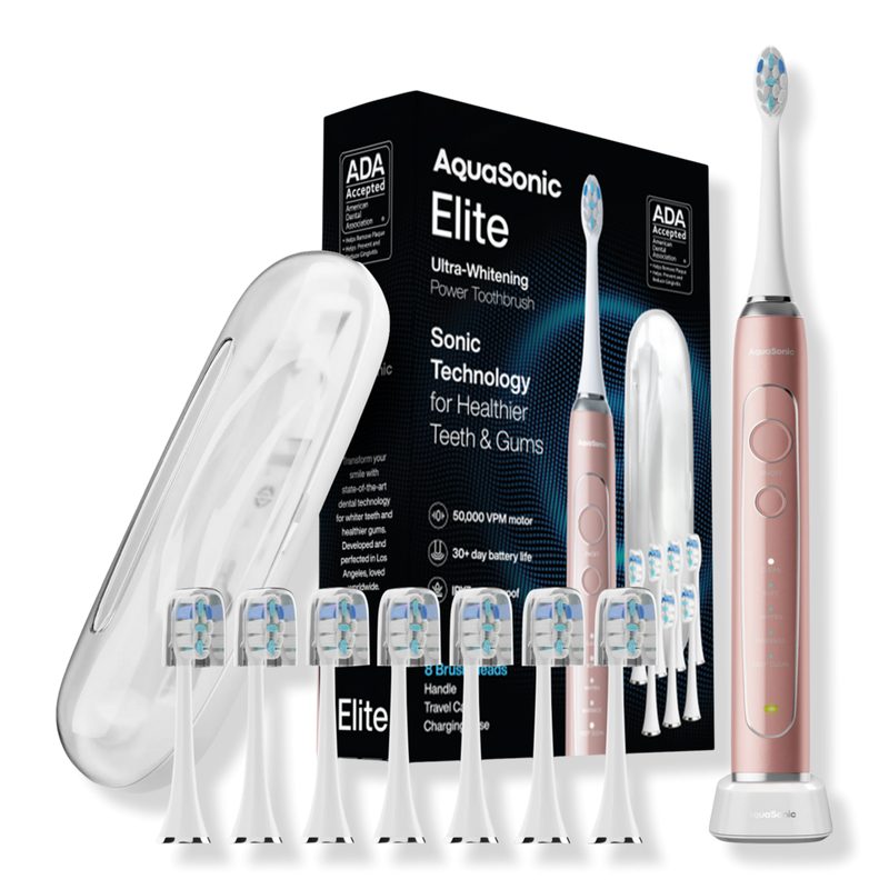 Elite Rechargeable Electric Toothbrush with 8 Brush Heads & Travel Case - Rose Gold