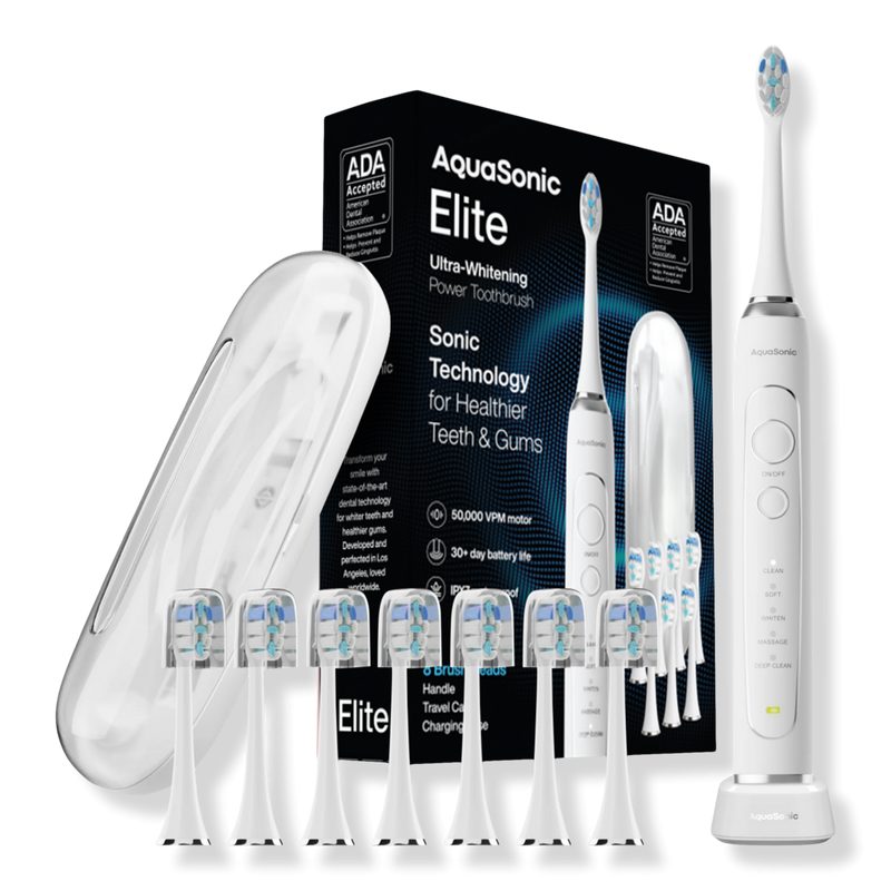 Elite Rechargeable Electric Toothbrush with 8 Brush Heads & Travel Case - White