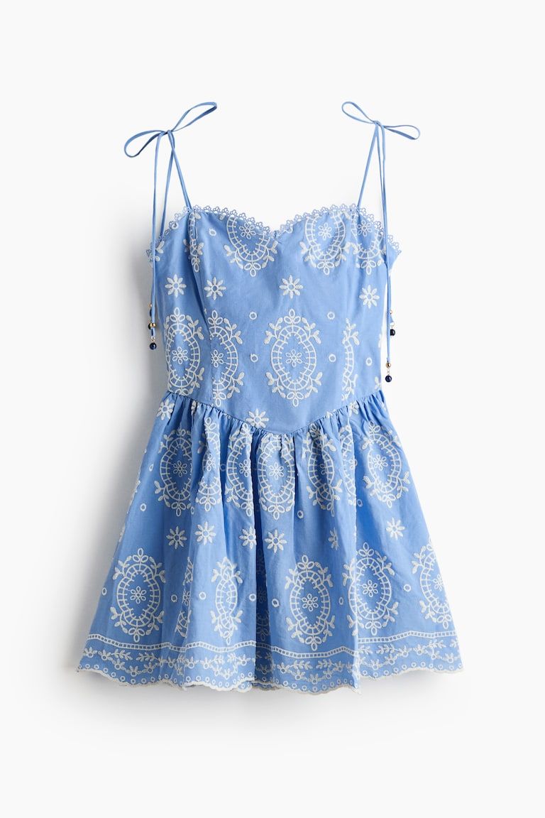 Embroidered Dress with Tie Shoulder Straps