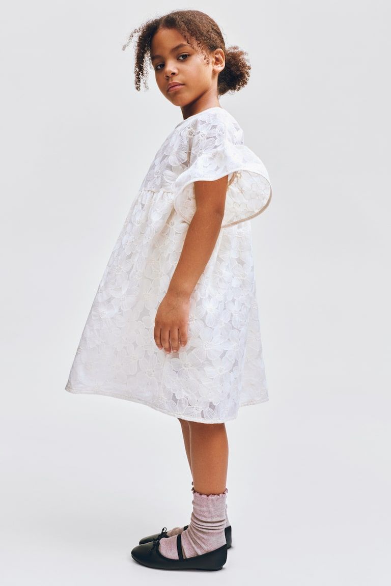 Embroidered Flutter-Sleeved Dress