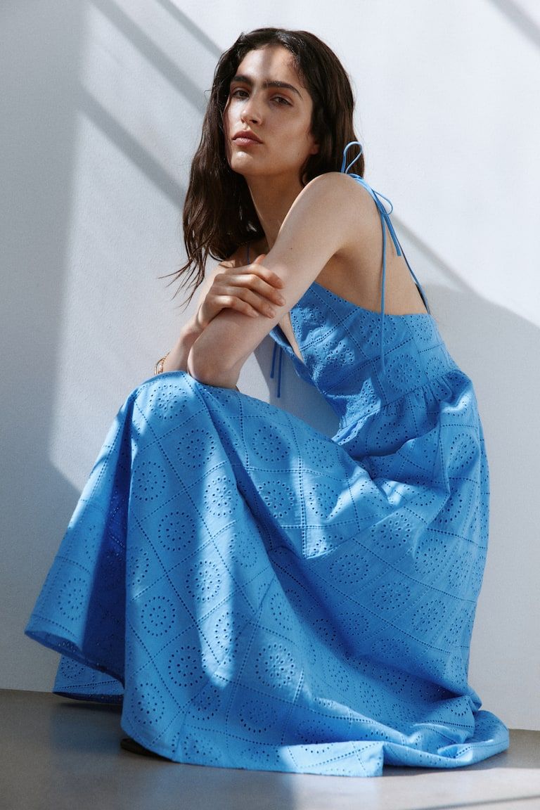 Eyelet-Embroidered Tie-Shoulder-Strap Dress