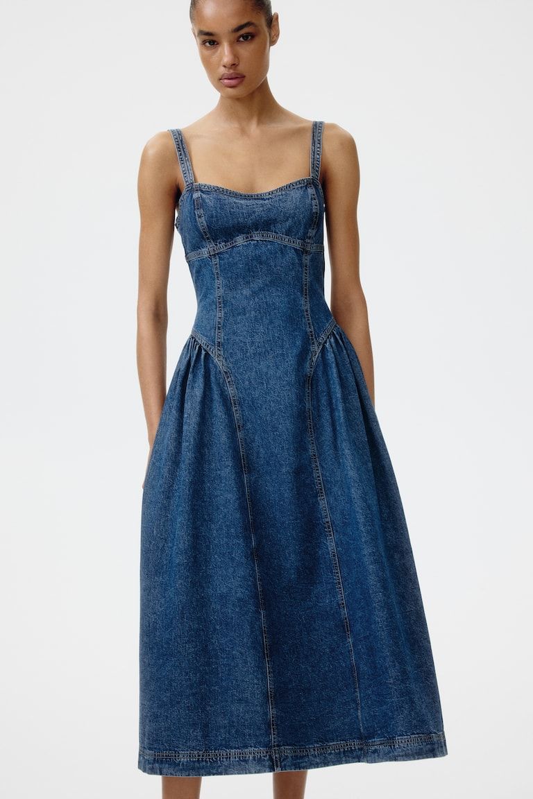Flared-Skirt Denim Dress