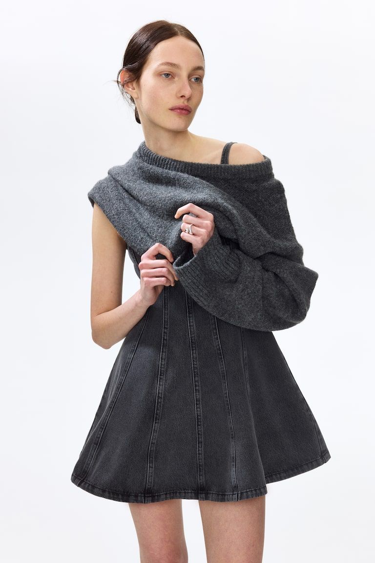 Flared-Skirt Denim Dress