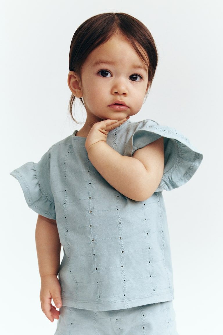 Flutter-Sleeve Top with Eyelet Embroidery