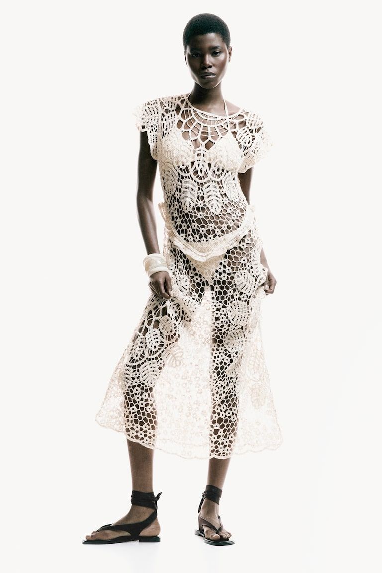 Flutter-Sleeved Crochet-Look Dress