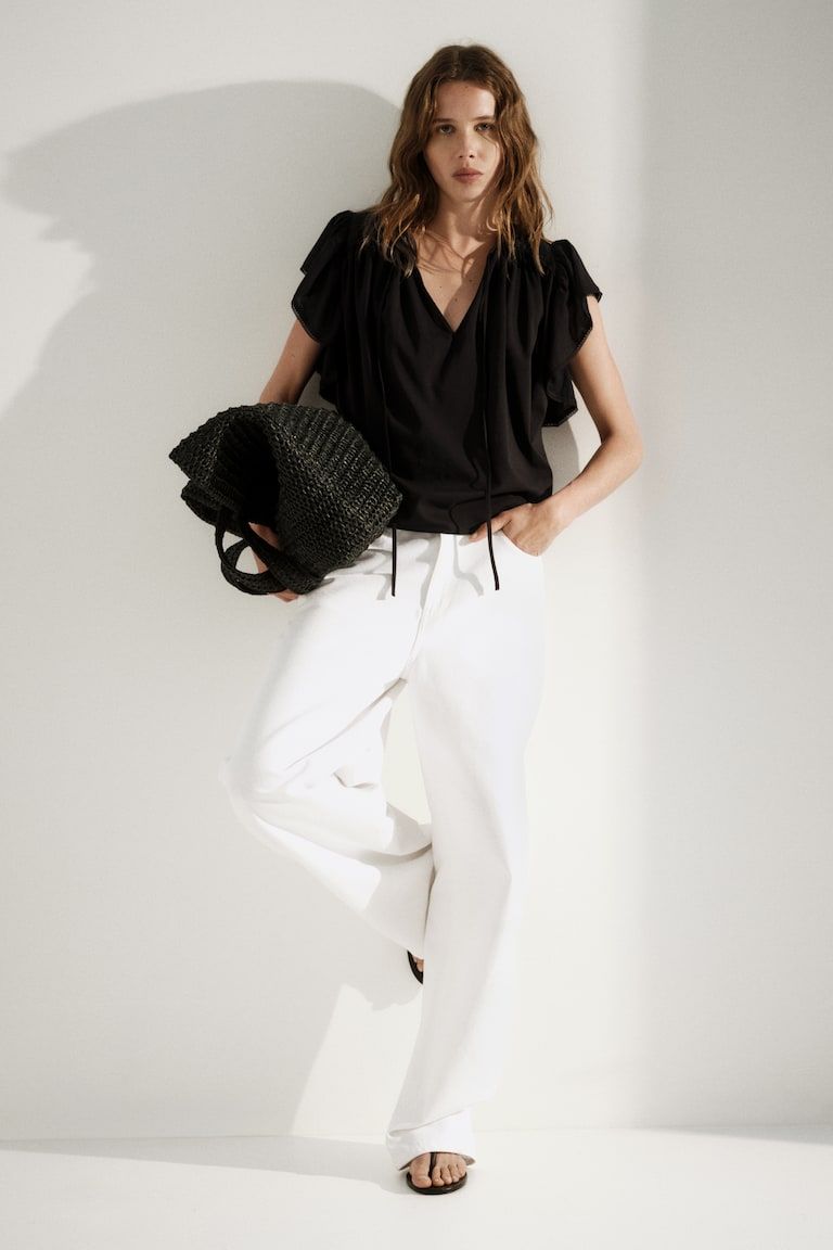 Flutter-Sleeved Lace-Trimmed Blouse