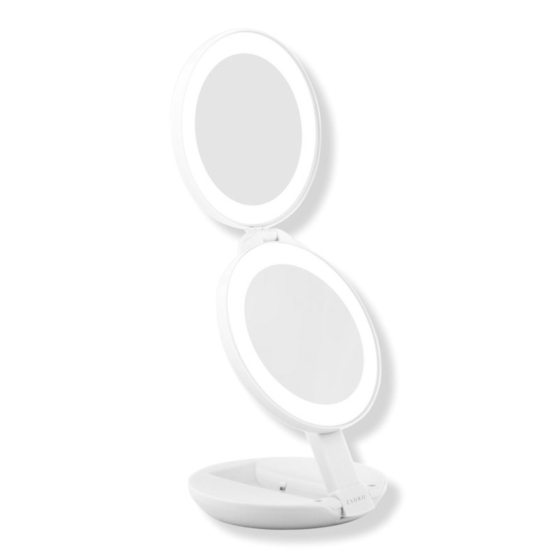 Folding LED Lighted Travel Mirror with 10X/1X - White