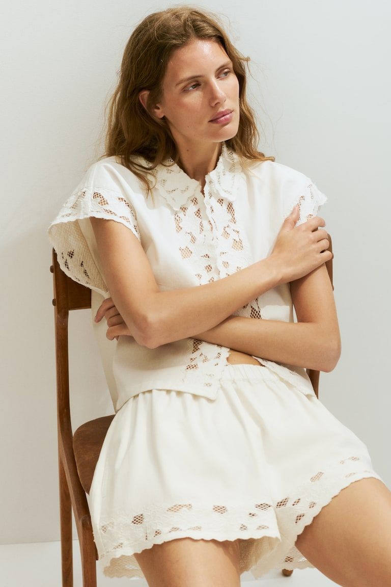 Lace-Trimmed Cotton Twill Shorts