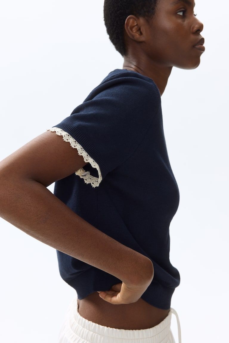 Lace-Trimmed Fine-Knit Top