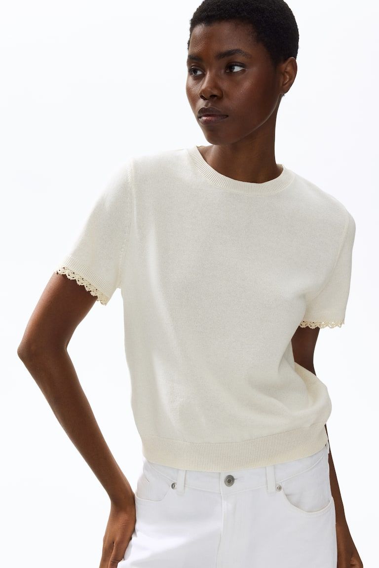 Lace-Trimmed Fine-Knit Top