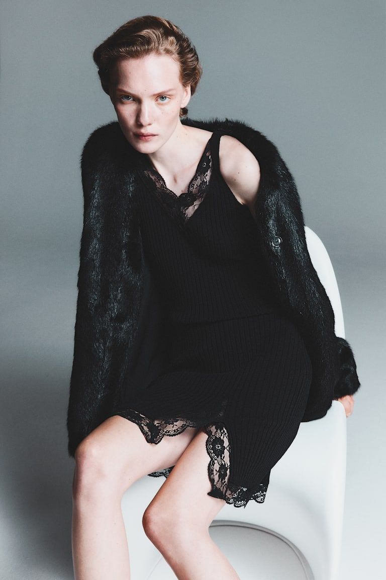 Lace-Trimmed Rib-Knit Dress
