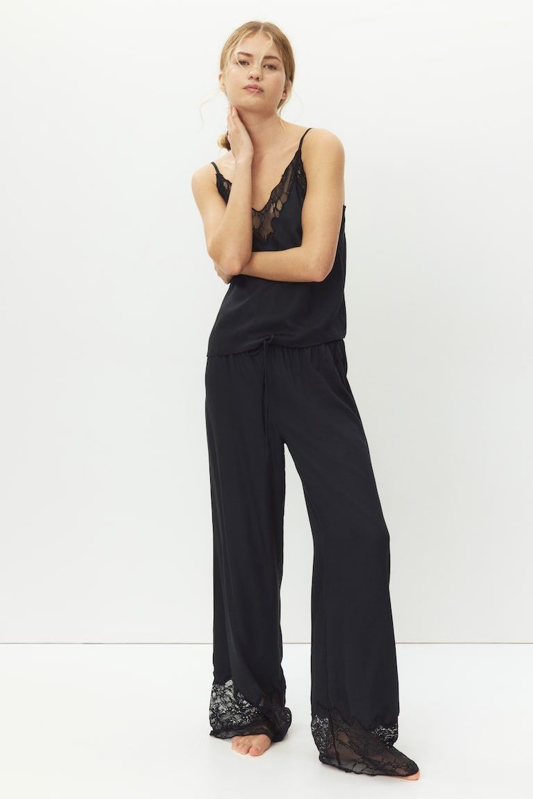 Lace-Trimmed Satin Pajama Pants
