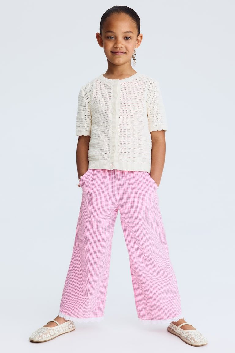 Lace-trimmed seersucker trousers