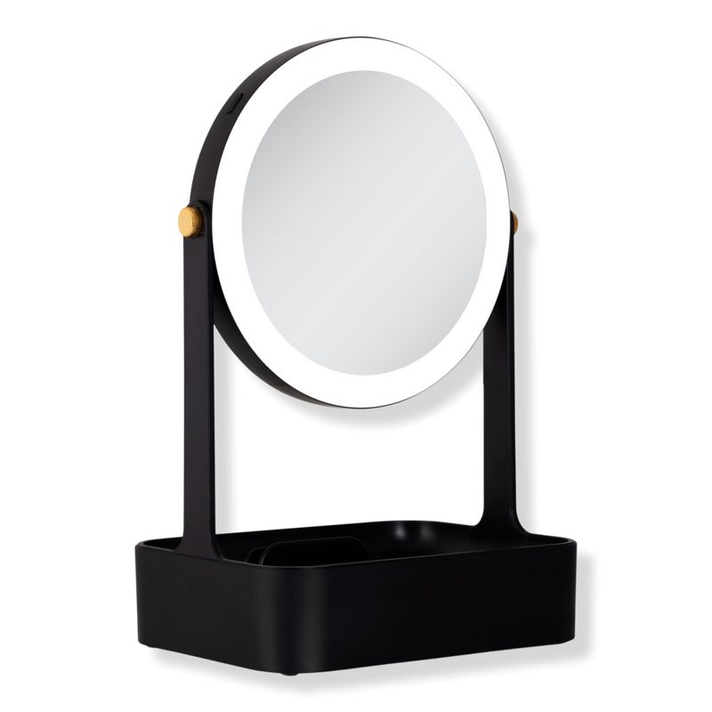 LED Lighted Makeup Mirror with 5X/1X, Storage Drawer & Tray - Black