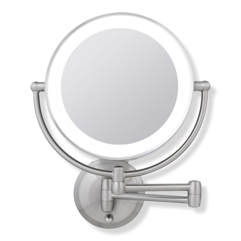 Lighted Wall Mounted Makeup Mirror with 5X/1X Battery/Cord - Satin Nickel