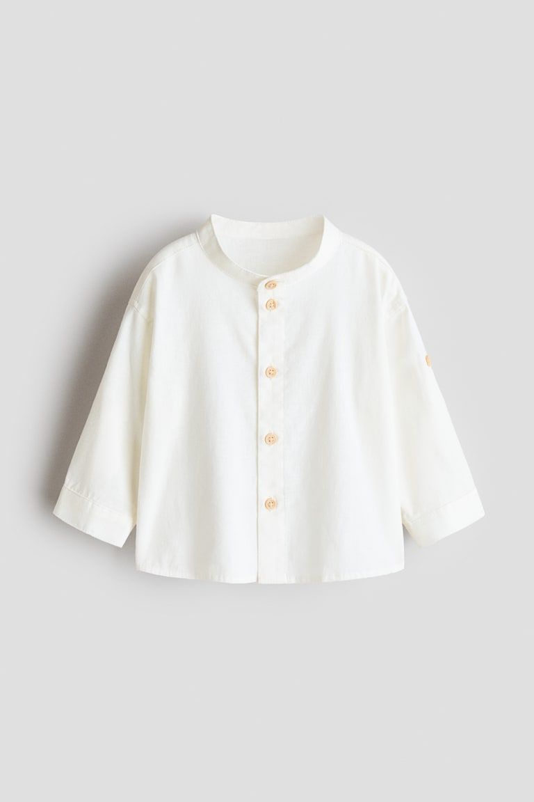 Linen-Blend Band Collar Shirt