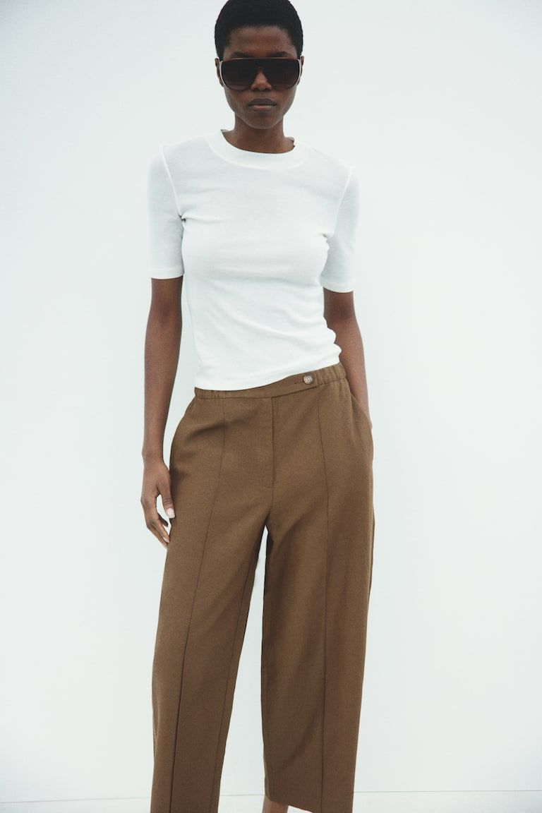 Linen-Blend Barrel-Leg Pants