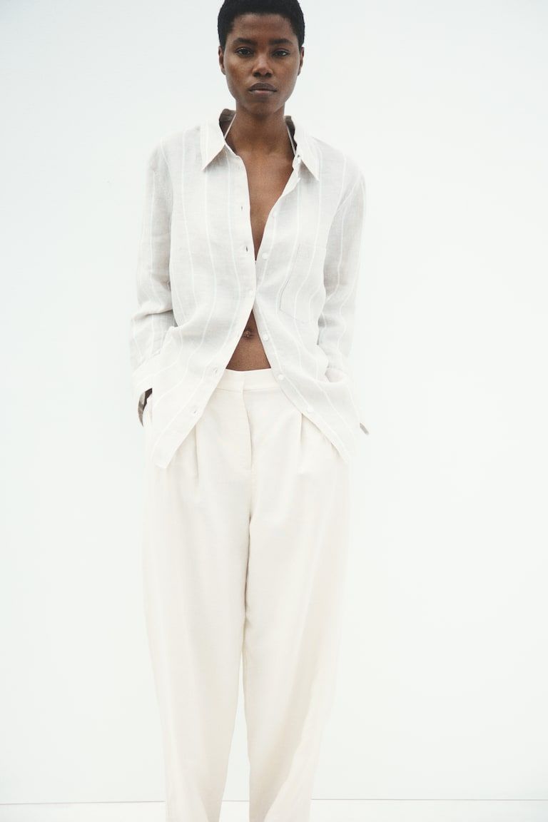 Linen-Blend Barrel-Leg Pants