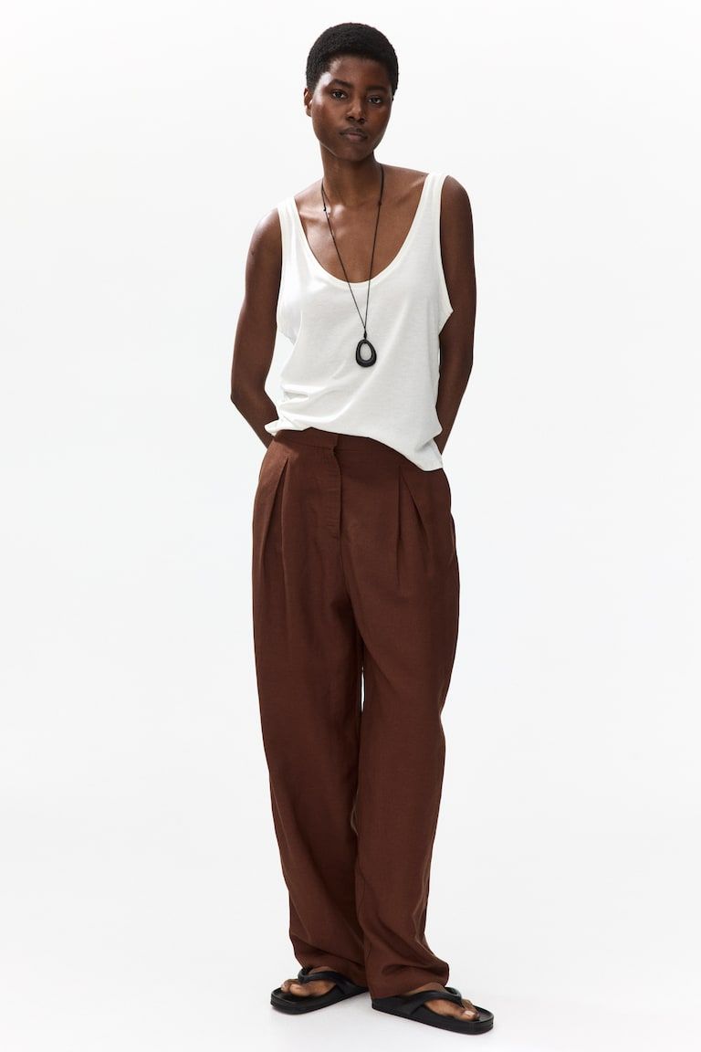 Linen-Blend Barrel-Leg Pants