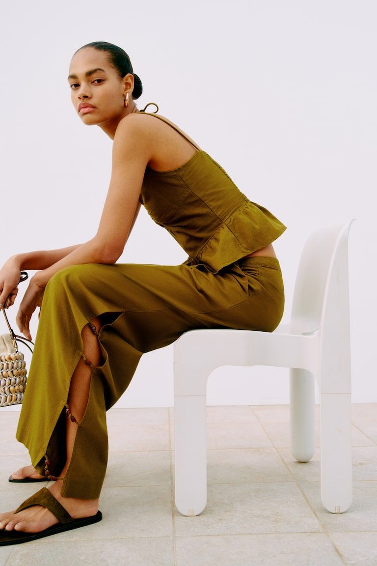 Linen-Blend Cutout Pants