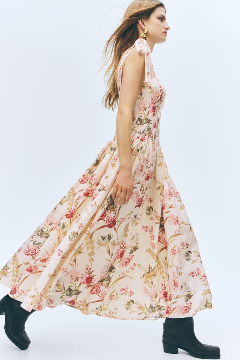 Linen-Blend Dress with Tie Shoulder Straps