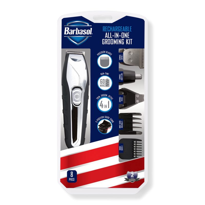 Men's 8 Piece All-in-1 Rechargeable Grooming Kit for Beard and Hair Trimming