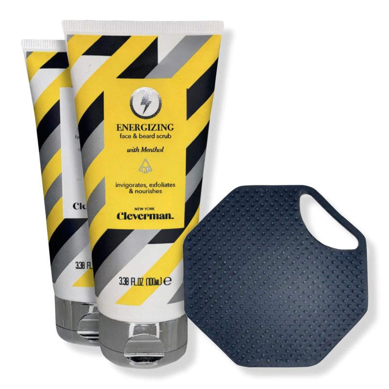 Men’s Energizing & Sensitive Face & Beard Scrub Set + Free Silicone Face Scrubber