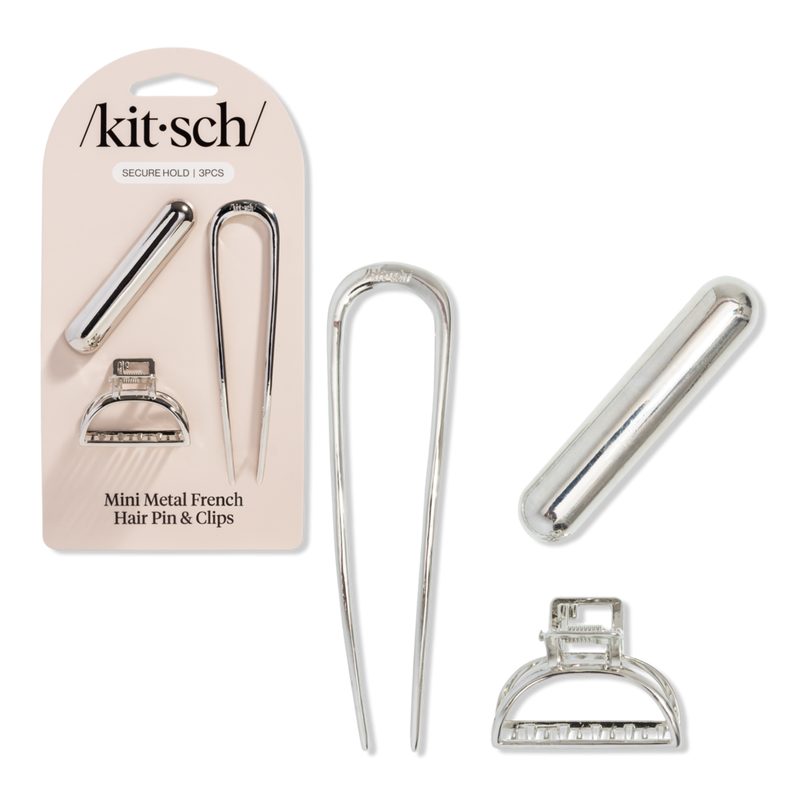 Mini Metal French Hair Pin & Clips 3 Piece Set - Silver