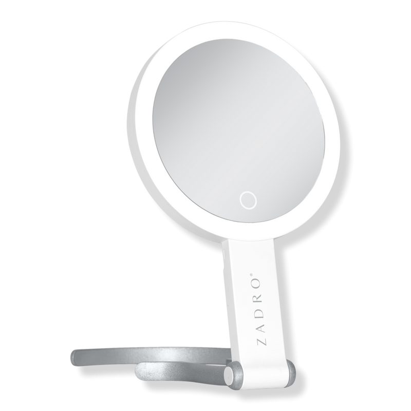 Multi-Position LED Lighted Hand Mirror with 10X/1X - White/Silver