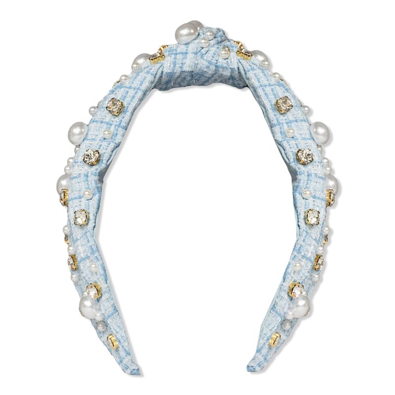 Plaid & Pearl Headband - Blue