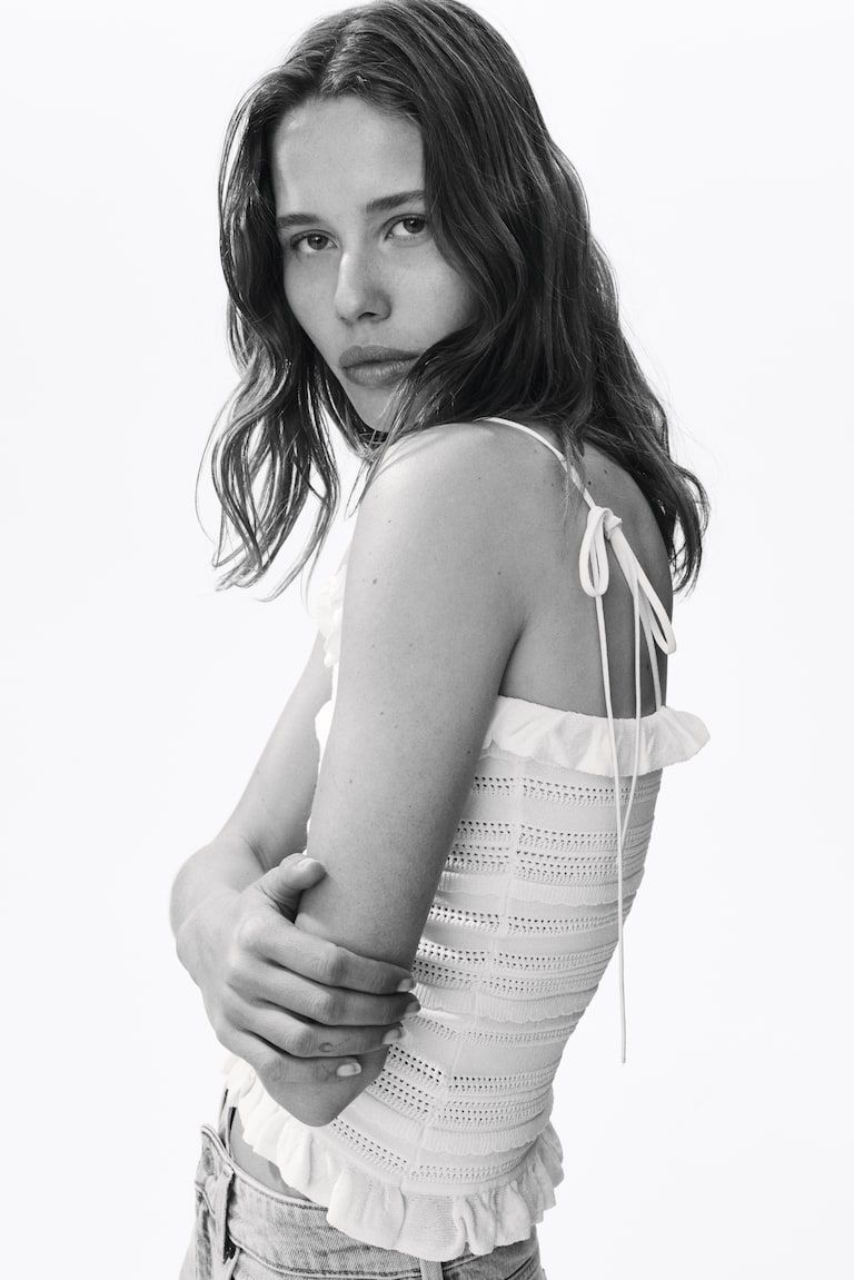 Pointelle-Knit Tie-Strap Top