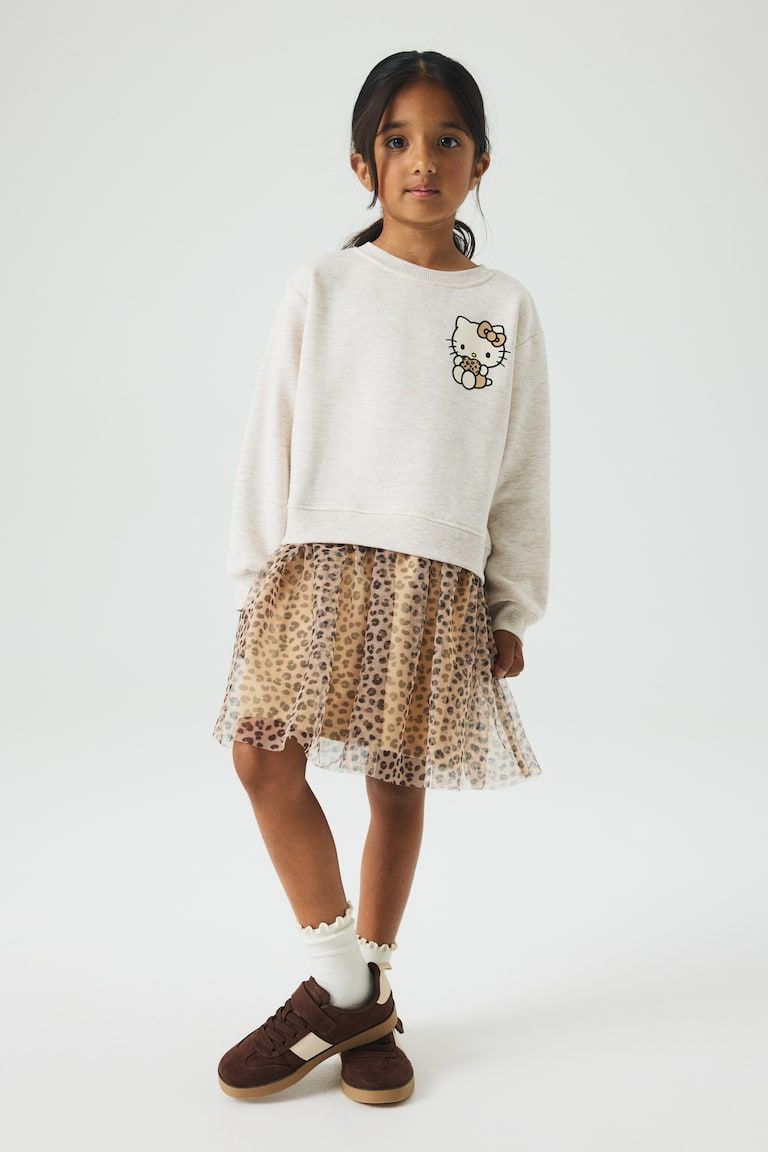 Printed Sweatshirt Dress with Tulle Skirt