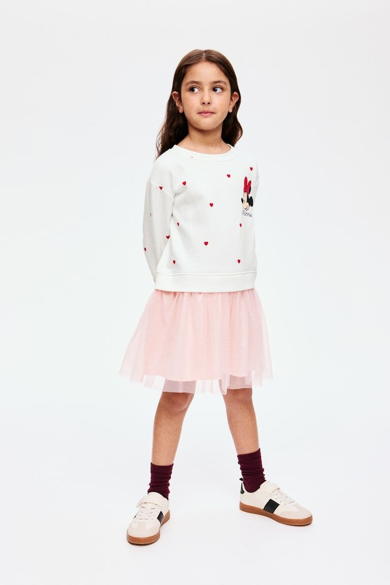 Printed Sweatshirt Dress with Tulle Skirt