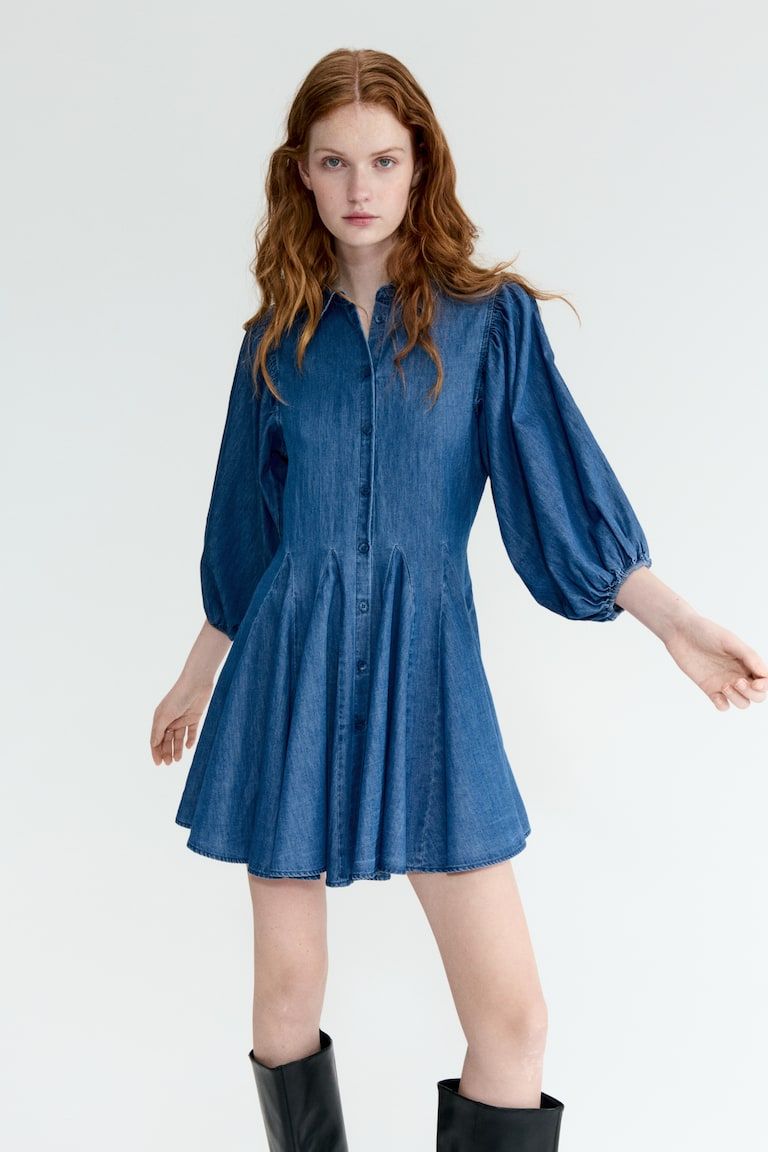 Puff-Sleeved Flared-Skirt Dress