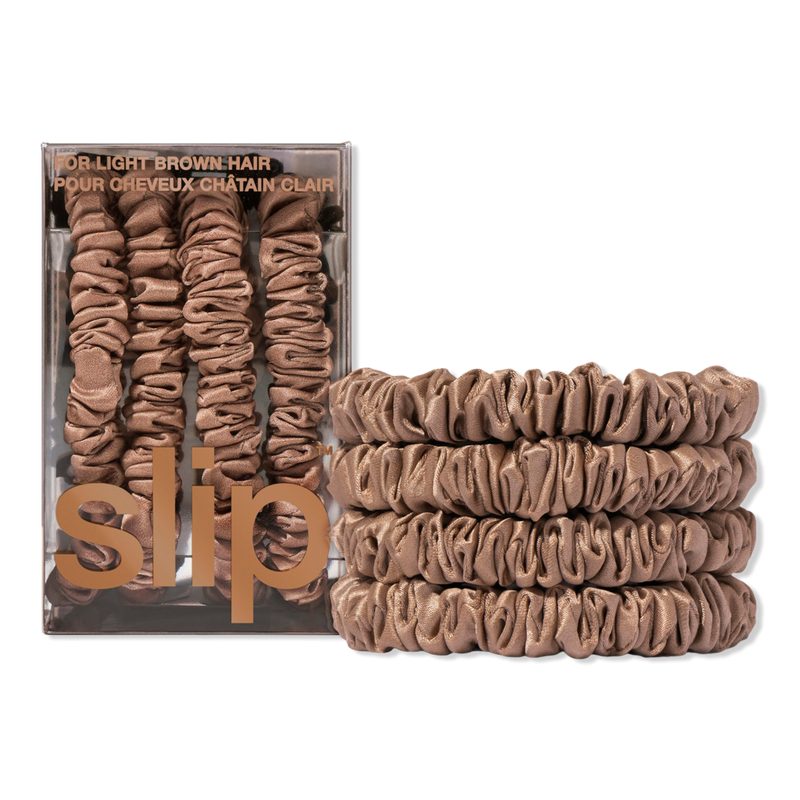 Pure Silk Skinny Scrunchies 4pc Set - Light Brown