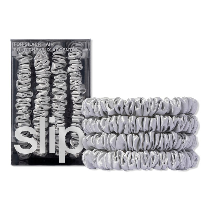 Pure Silk Skinny Scrunchies 4pc Set - Silver