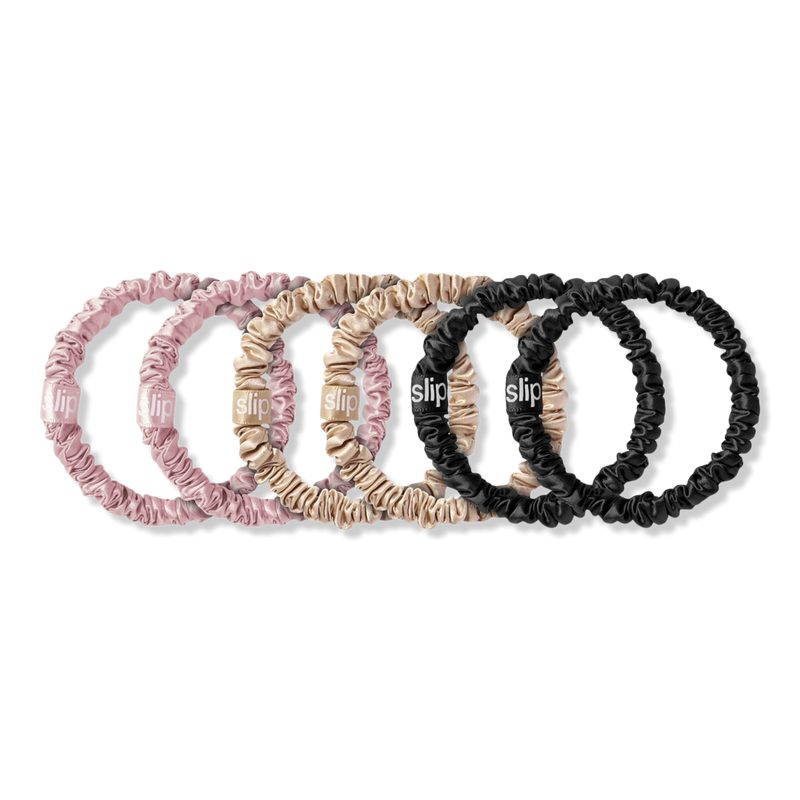 Pure Silk Skinny Scrunchies 6pc Set - Pink, Black, Caramel