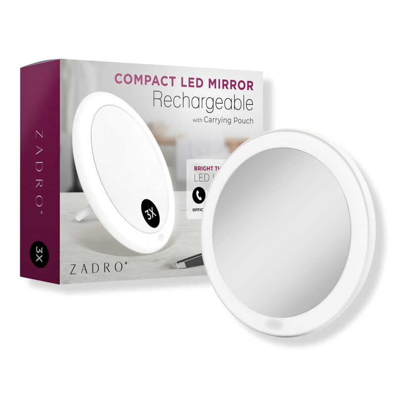 Rechargeable Lighted Compact Mirror with 3X Magnification - White