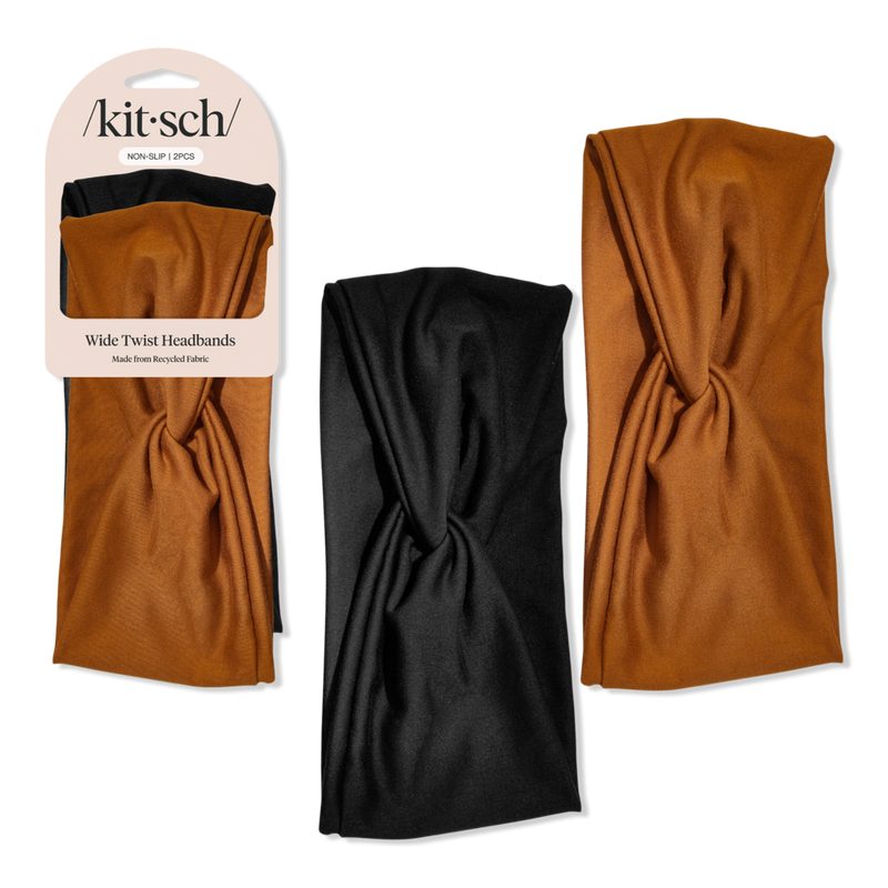Recycled Fabric Wide Twist Headbands 2pc Set - Black & Camel