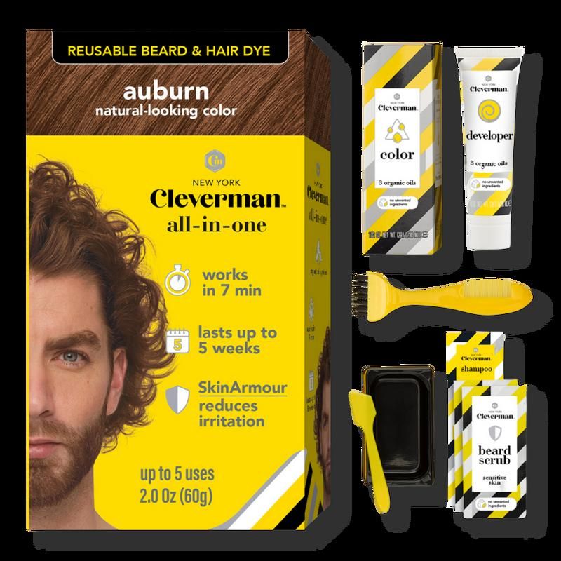 Reusable Beard & Hair Dye Kit - Up to 5 Uses, 7-Min Natural Gray Coverage with SkinArmour - Auburn