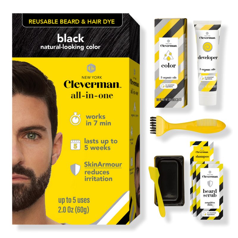Reusable Beard & Hair Dye Kit - Up to 5 Uses, 7-Min Natural Gray Coverage with SkinArmour - Black